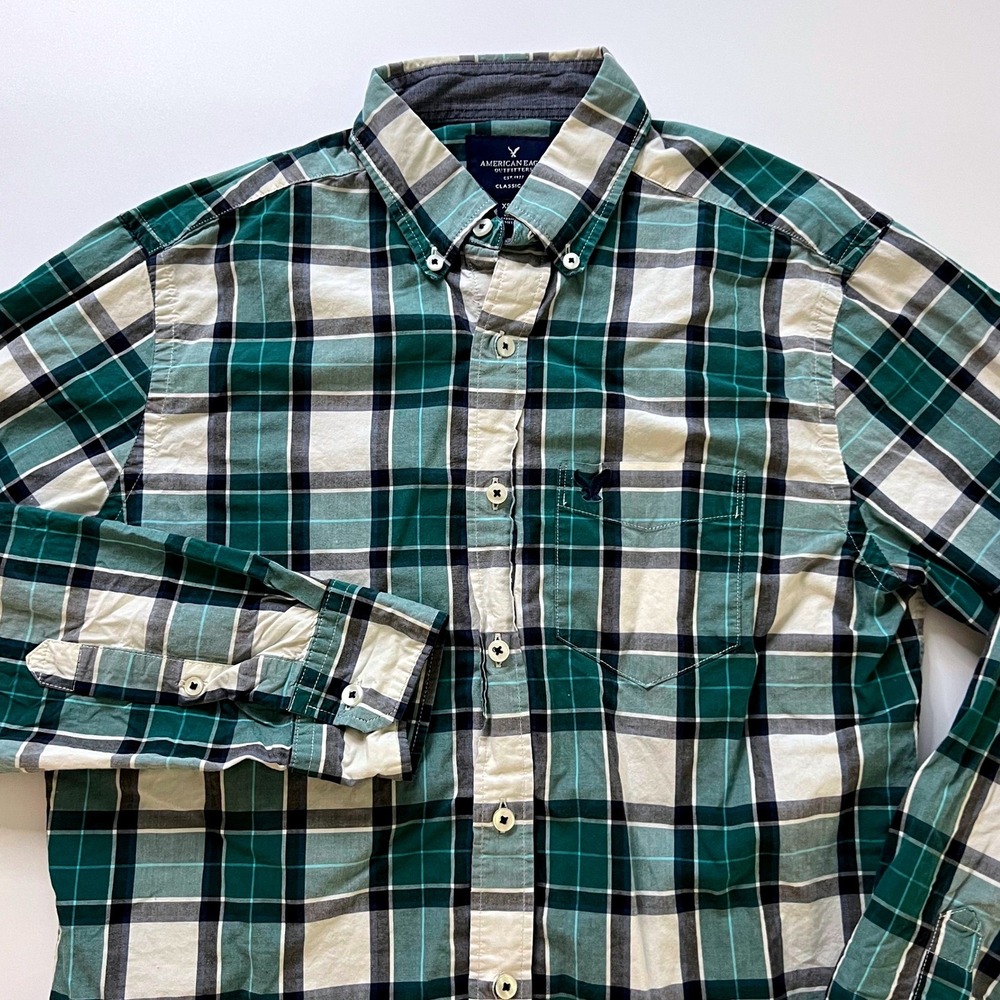American Eagle Plaid Button Down Shirt Green White XS Classic Fit Streetwear
